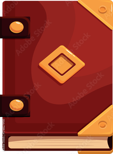 Cartoon style illustration of a closed magic book with golden decorations and leather straps, evoking mystery and ancient wisdom