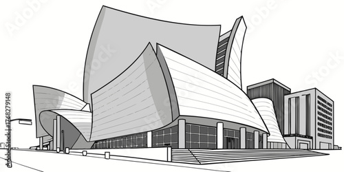 Illustration of a modern architectural building with skyscrapers in the background view from the street