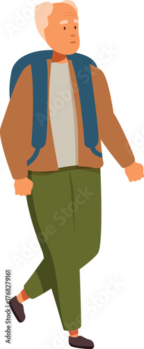 Elderly tourist walking with backpack enjoying travel and freedom