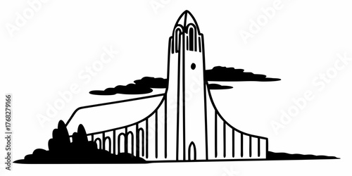 Illustration of a tall church with arched windows and a pointed roof set against a cloudy sky scene