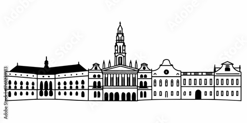 Illustration of a city skyline with various buildings and a central tower in black and white outline