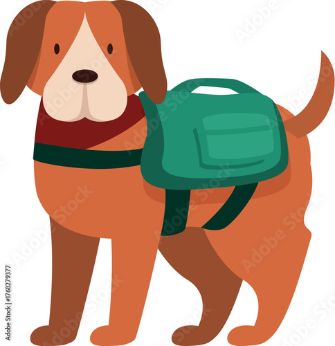 Studio shot of a brown dog wearing a green backpack, ready for an outdoor adventure