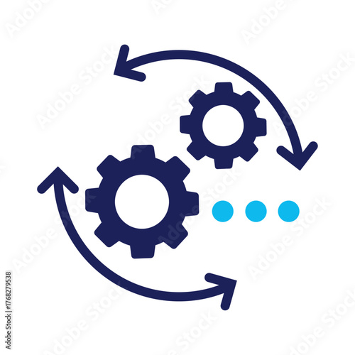 Flat vector illustration of a gear with curved flow arrows in motion, clean infographic style with symbolic process representation. Integration Icon, Change Two Color Icon, Transition Icon.