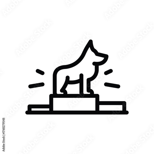 A line drawing shows a dog standing on a winners platform with short lines radiating from the dogs sides creating an aura effect