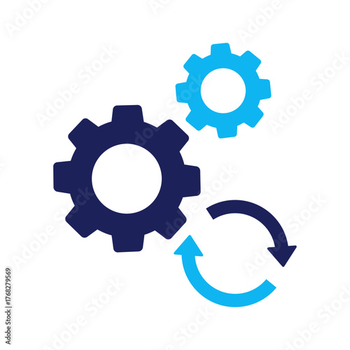 Flat vector illustration of a gear with curved flow arrows in motion, clean infographic style with symbolic process representation. Integration Icon, Change Two Color Icon, Transition Icon.