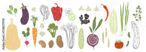 Contour and silhouette textured vegetables.