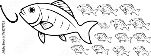 Big Fish Leading Small Fish Toward Hook – Leadership, Risk, and Strategy Concept Vector