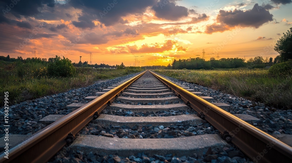 Fototapeta premium A railway track leading into a field with a vibrant sunset in the background.