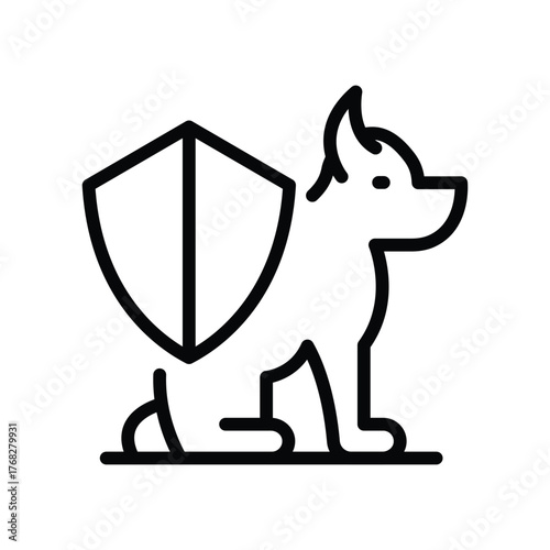 A lineart dog figure sits beside a shield Both are outlined in black The dog has its head up
