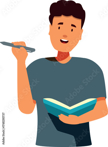 Young man holding open book and pen, explaining a lesson, studying and learning