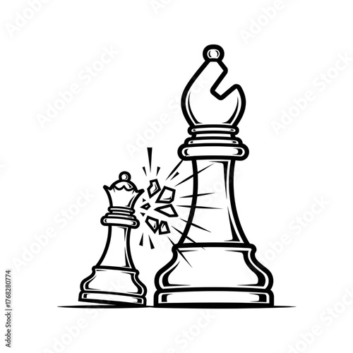 Chess bishop destroying queen illustration, strategy game competition art