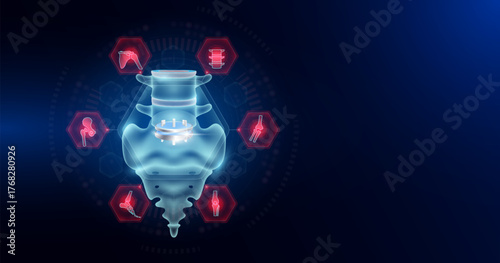 Disc replacement surrounded by arthritis icons. Artificial joint surgery, prosthetic implant integrated into the bone sacrum and spinal. Orthopedic technology medical. Empty space for text. Vector.