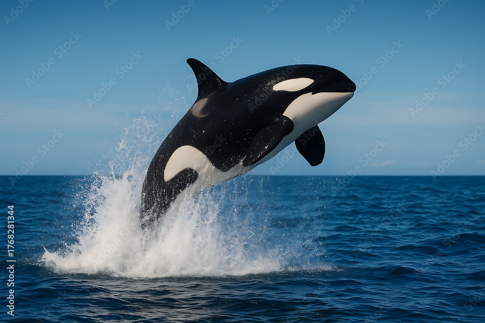Fototapeta premium A pod of black and white killer whales, orcas, is jumping in the blue ocean water, a powerful marine mammal wildlife nature scene