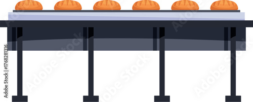 Conveyor belt transporting freshly baked bread loaves in a bakery, industrial food production process