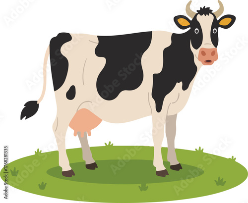 A black and white cow standing on grass cow, black, white, grass, animal, mammal, horns, tail, udder, farm, field, illustration, cartoon, drawing, domestic, livestock, cattle, spots, hooves, pasture, 