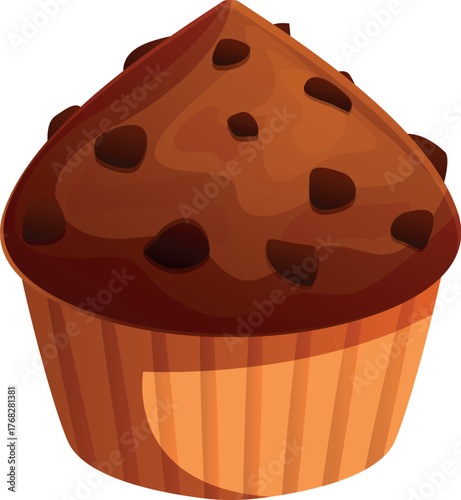 Chocolate chip muffin baking in a fluted paper cup, representing a sweet treat