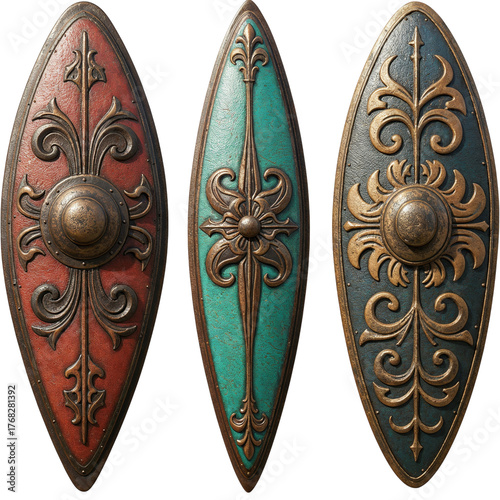 Three ancient roman scutum shields with ornate designs in red green and gold isolated on transparent background