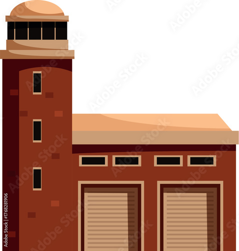 Fire station building featuring a watchtower and garage doors, embodying community safety and emergency response preparedness