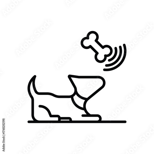 A simplified line drawing shows a dog with a bone floating above it