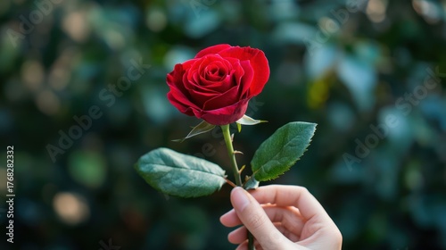 A hand holding a red rose against a blurred green background.