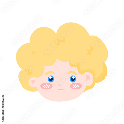kawaii blonde head variant expression. emoji boy,Chubby Cheeks and Curly Hair, Cartoon Style. angle head expression