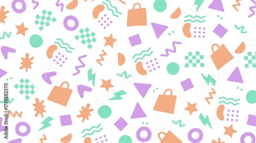 Seamless looping animation of colorful abstract geometric shapes including circles, triangles, stars, and squiggles in soft pastel tones on a white background.
