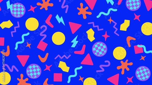 Seamless looping animation with dynamic geometric shapes including circles, triangles, and zigzags in bright bold colors on a deep blue background, evoking playful retro vibes.

