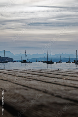 Lake called Ammersee with sailing boats and the bavarian mountains in the background, Alps, Bavaria, Germany, Europe