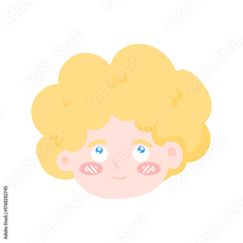 kawaii blonde head variant expression. emoji boy,Chubby Cheeks and Curly Hair, Cartoon Style. angle head expression