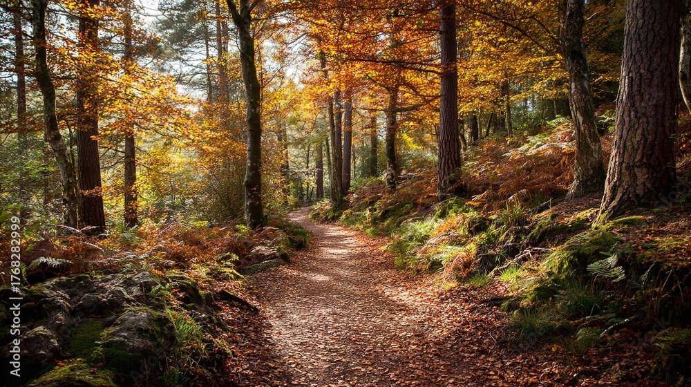 Naklejka premium narrow. Narrow forest path with autumn leaves and dappled sunlight. representing seasonal cycles and harvest abundance, travel magazines, designed for travel destination branding.