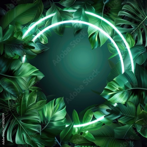 Elegant tropical circle-shaped frame made of exotic emerald leaves and neon lighting. Stylish fashion banner. Plants are illuminated with purple, orange, and pink fluorescent light.