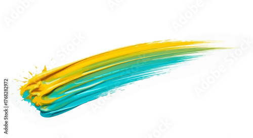 Vibrant brushstroke with yellow and cyan paint blends elegantly across a white space