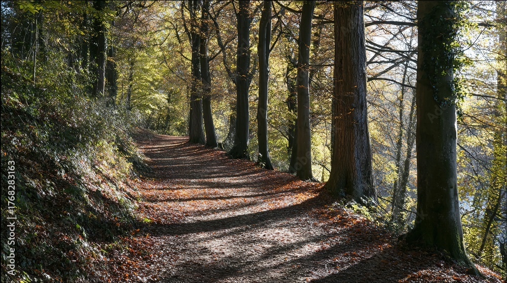 Obraz premium narrow. Narrow forest path with autumn leaves and dappled sunlight. representing seasonal cycles and harvest abundance, travel magazines, designed for travel destination branding.