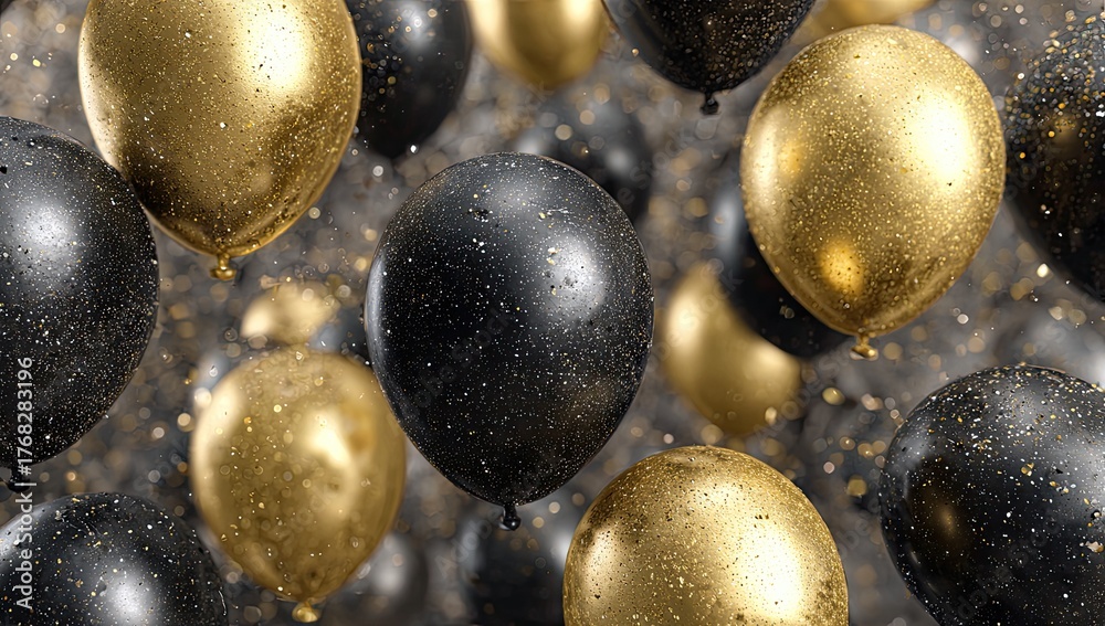 Naklejka premium Glittery gold and black balloons float