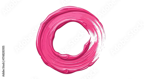 A luscious swirling pink brushstroke circle on pristine white provides a design element