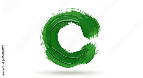 Vibrant green textured circle design resembling a brushstroke symbol on white backdrop