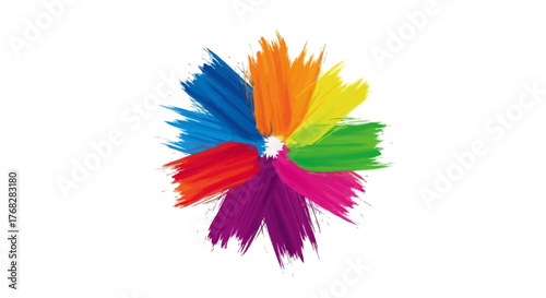 A vibrant rainbow spectrum radiating outward in an abstract floral burst pattern on white