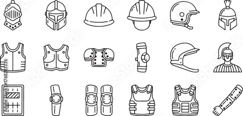 Monochrome Line Art Icons of Protective Gear, Helmets, and Armor