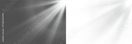 Realistic glowing sunlight with radiant beam and sunrays, soft sunrise shine beams ethereal illumination creating bright heavenly optical effect on transparent PNG background