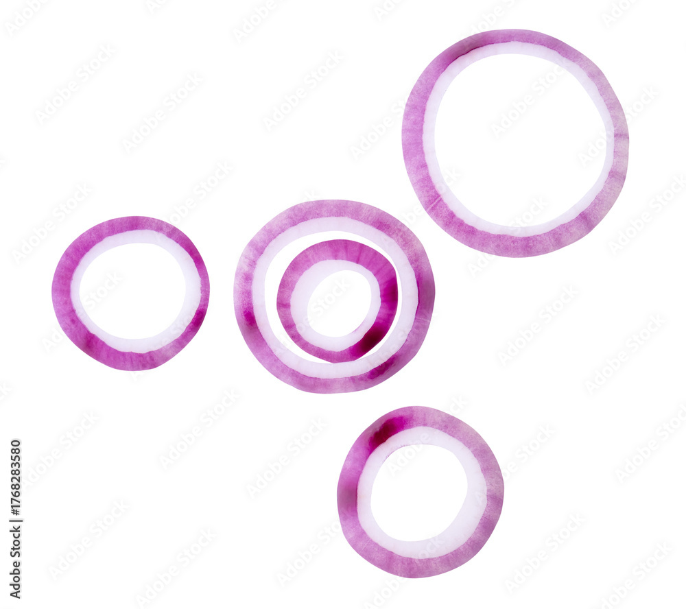 Obraz premium Top view set of fresh red or purple Spanish onion rings or slices in stack isolated with clipping path in png file format