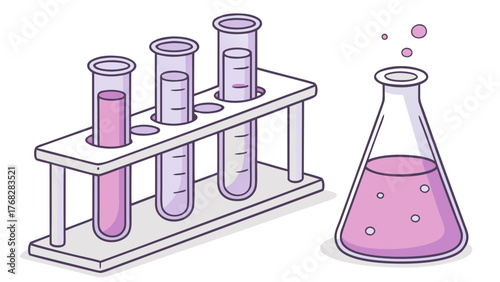 Modern chemistry lab set with test tubes and Erlenmeyer flask, perfect for science education materials and pharmaceutical research presentations with vector design