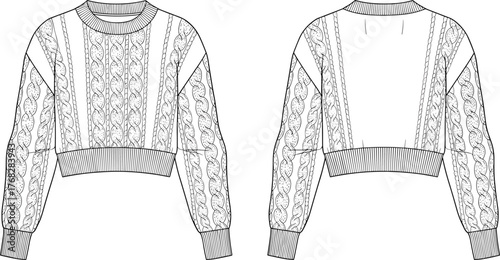 Cable knit cropped sweater fashion technical flat sketch, long sleeve pullover front and back design, cad drawing flat vector illustration
