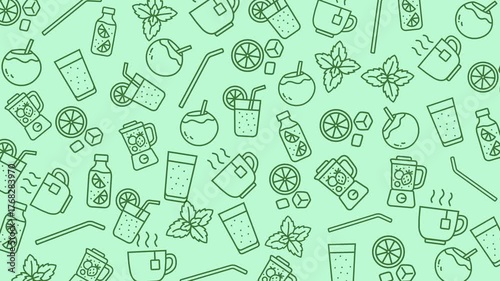 Seamless looping animation featuring refreshing beverage icons such as smoothies, coconuts, lemon drinks, tea cups, and blenders on a mint green background, symbolizing freshness and summer vibes.
