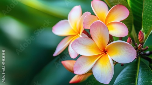 Three pink and yellow plumeria flowers with green leaves on a blurred green background.
