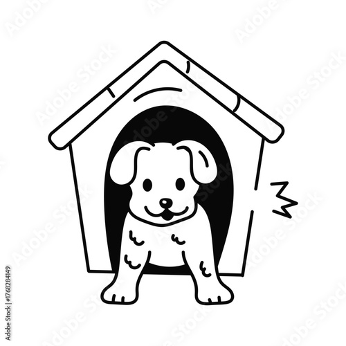 Black and white drawing of a puppy in a doghouse