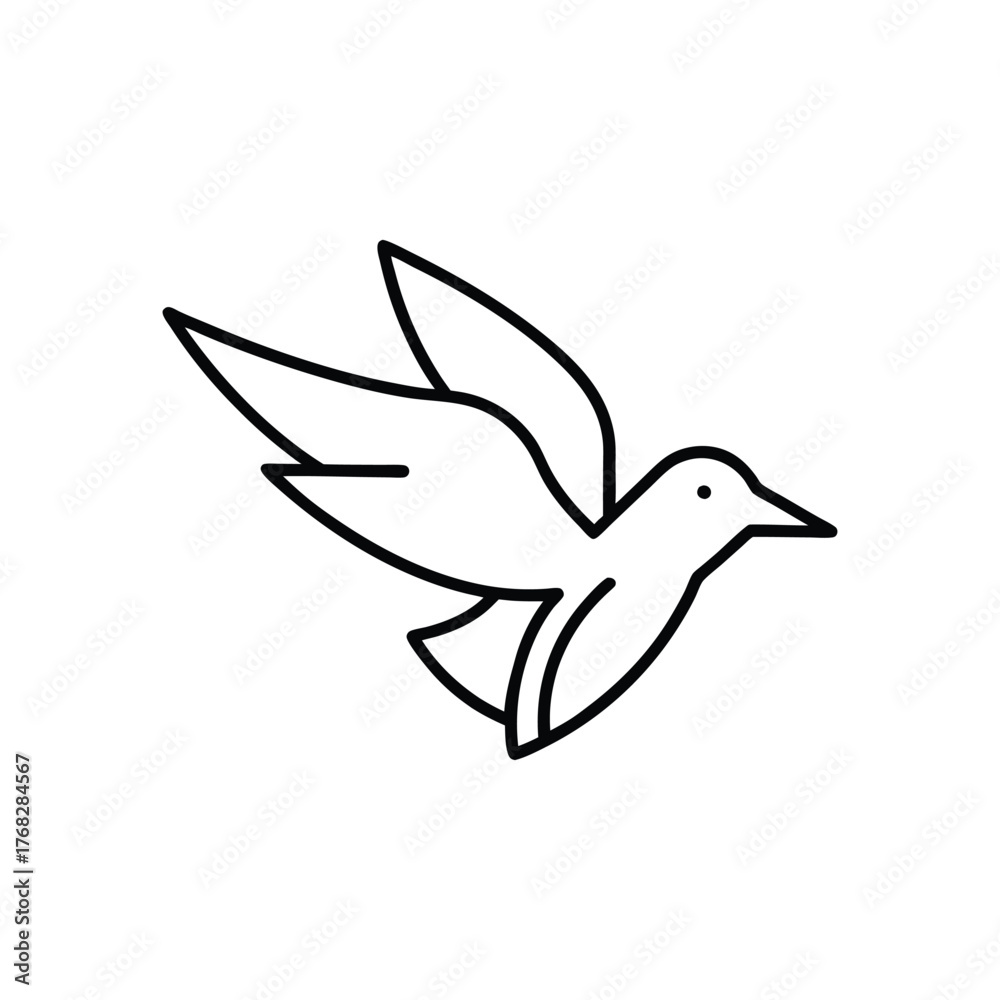 Fototapeta premium Black line drawing of a bird in flight wings outstretched facing right with simple minimal detail