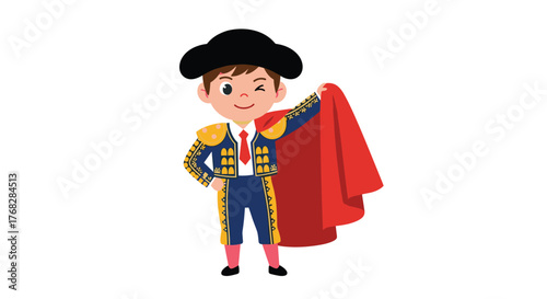 A cheerful cartoon boy in a traditional Spanish matador's suit with intricate gold embroidery and a red cape winks playfully.