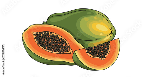 A vibrant illustration depicts a whole green papaya, a halved one showing its orange flesh and black seeds, and a sweet, juicy slice.