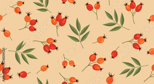 Seamless autumn pattern featuring vibrant red and orange rose hips with green leaves scattered across a warm, light beige background.