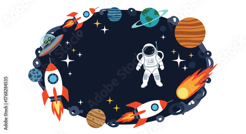 Whimsical space adventure frame with an astronaut, rockets, planets, and stars against a deep blue cosmic background.